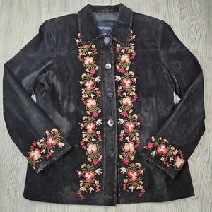 Bernardo Jacket Womens Large Black Suede Leather Floral Embroidered Boho Western